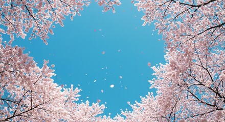 Cherry Blossom Tree Branches, Falling Petals, Spring Sky