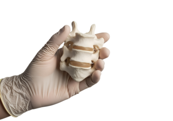 Hand holding part of human spine, anatomy illustration isolated on transparent background, medical education, skeletal study