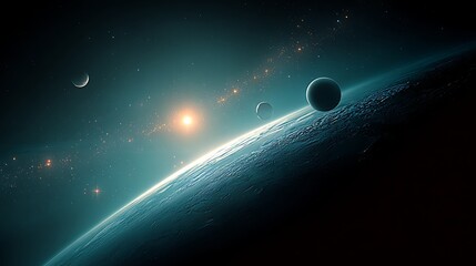 Cinematic outer space with stars and simple planets in dark silence.