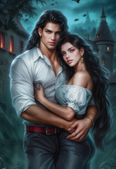 Romantic fantasy couple in magical world, elegant characters in medieval or fairytale setting, enchanted love scene with fantasy outfits and mystical atmosphere