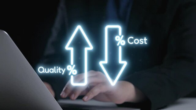 A businessman analyzes quality and cost metrics on a laptop, showcasing upward and downward arrows for effective strategy and decision-making in a digital workspace. Qubit