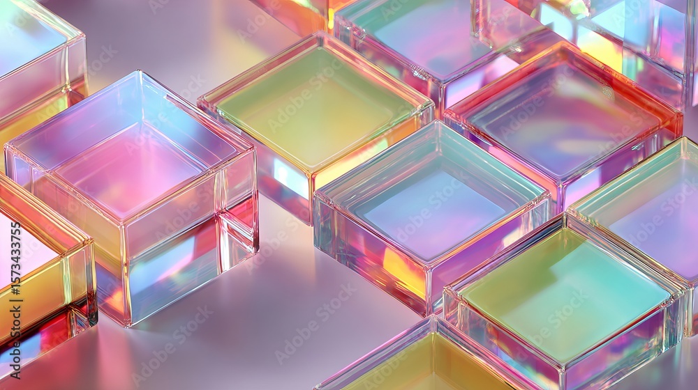 Fototapete iridescent glass cubes create a geometric pattern, reflecting pastel rainbow hues on a smooth surfac