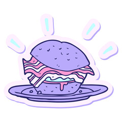 sticker of a cartoon bacon sandwich in bright neon color