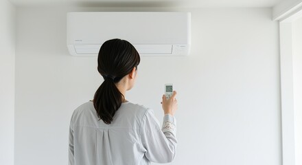 Woman Using Air Conditioner Remote Control, Climate Control, Home