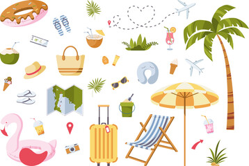 Set of summer elements for travel, beach. Cocktails, ice cream, palm tree, umbrella, flip flops. Summer vacation. Travel time concept. Hand drawn simple vector illustration.
