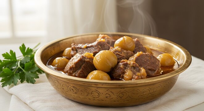 A brass bowl of bozbash with chestnuts and lamb on a kitchen table