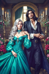 Romantic fantasy couple in magical world, elegant characters in medieval or fairytale setting, enchanted love scene with fantasy outfits and mystical atmosphere