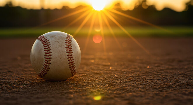 Baseball on field with sunset in background and vibrant light  