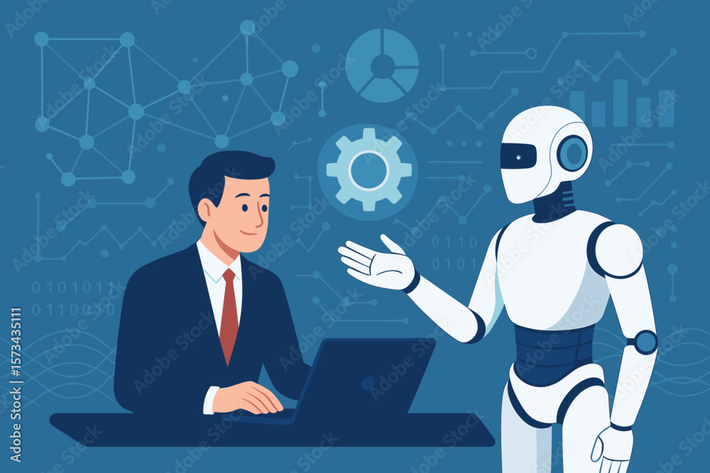 Poster businessman collaborating with ai robot on digital data network, implementing advanced technology so