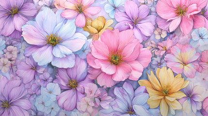 Serene Springtime Blossom: Pastel Floral Harmony with Artistic Hand-Drawn Charm