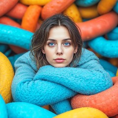 Young woman with piercing blue eyes in a fluffy blue coat, surrounded by colorful, oversized foam donuts in orange, yellow, and blue, creating a playful, surreal and vibrant composition.