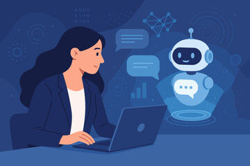 Businesswoman Using Laptop with AI Chatbot, Deep Learning, Digital Transformation, Tech Analytics, Virtual Hologram, Innovation, Futuristic Technology Concept