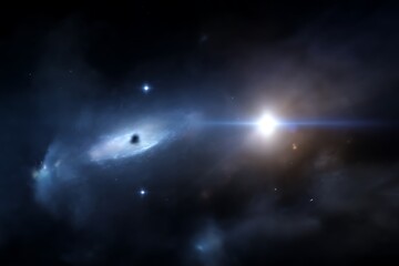 Vertical photoreal space scene with black hole and glowing stars