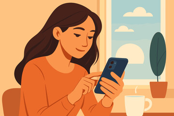 Woman Using Smartphone Indoors Morning Routine, Coffee Cup, Window, Sunrise, Plant, Relaxed Home, Digital Lifestyle, Modern Flat Vector Illustration