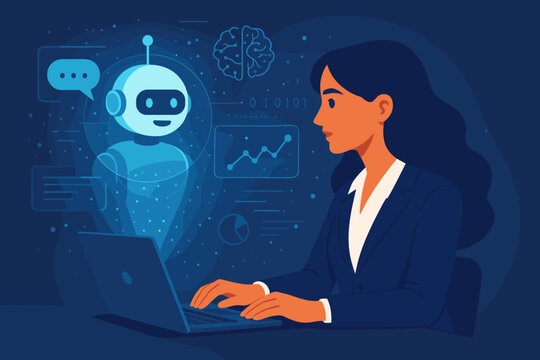 Businesswoman Collaborating with AI Chatbot, Deep Learning Technology, Digital Transformation, Analytics, Virtual Hologram, Futuristic Innovation Concept