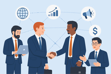 Diverse Businessmen Shaking Hands in Global Network, Financial Investment, Transaction, Digital Marketing Management, Business Deal Process, Modern Flat Vector Cartoon