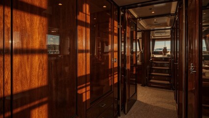 Interior view of a yacht with wooden panels and an open doorway leading to a carpeted area