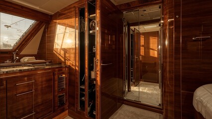 Interior view of a yacht cabin with wooden cabinets and a glass door to another room showing light