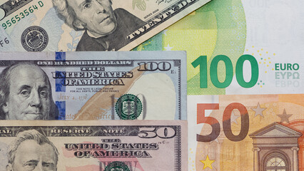 Images of banknotes from various countries. Photos of euros and US dollars.