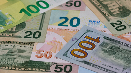 Images of banknotes from various countries. Photos of euros and US dollars.