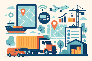 Logistics and transportation network concept. Global supply chain management with cargo freight shipping. Truck, ship, airplane, and warehouse. Delivery service vector illustration.