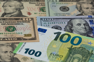 Images of banknotes from various countries. Photos of euros and US dollars.