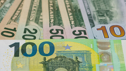 Images of banknotes from various countries. Photos of euros and US dollars.