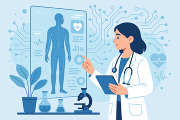 Female doctor using digital medical technology for patient diagnosis. Modern healthcare innovation, electronic health records, medical research, laboratory analysis, science concept