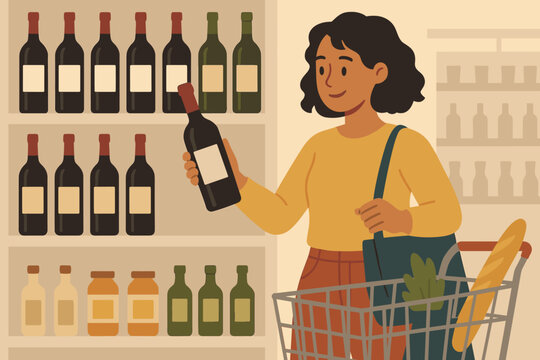 Woman choosing wine bottle in supermarket. Customer buying alcohol in liquor store. Person with shopping cart at grocery shop. Modern flat vector cartoon illustration.