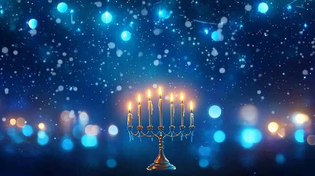 A lit menorah with nine candles stands against a blurred blue background filled with sparkling lights. The scene evokes a festive atmosphere.
