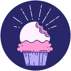 icon of a tattoo style cupcake with missing bite in bright neon color