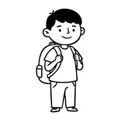 Fototapeta premium Asian child with backpack smiling cheerfully in cartoon style. Vector hand-drawn doodle illustration
