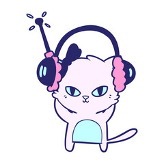 cute cartoon cat with headphones in bright neon color