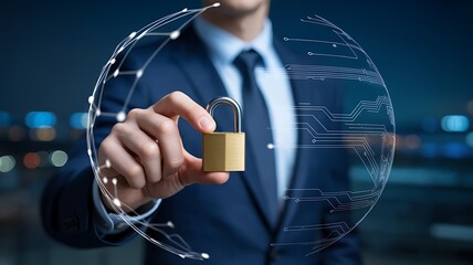 Businessman holding golden padlock with digital network globe image