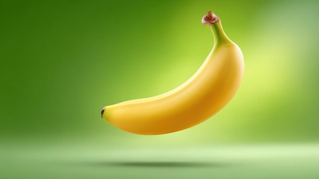 Ripe yellow banana floating gracefully on vibrant green backdrop, copy space