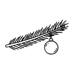 Minimalistic christmas tree branch with hanging ornament illustration. Vector hand-drawn doodle illustration