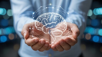 Stylized human brain held in hands with digital network illustration
