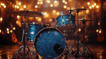 A professional, blue drum kit illuminated with soft, golden stage lights. Bokeh background. Close-up view.
