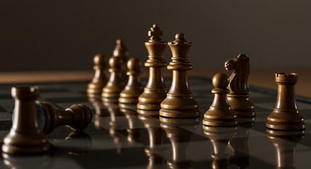 Golden chess pieces arranged on a reflective board, a fallen opponent piece suggests a game in progress.