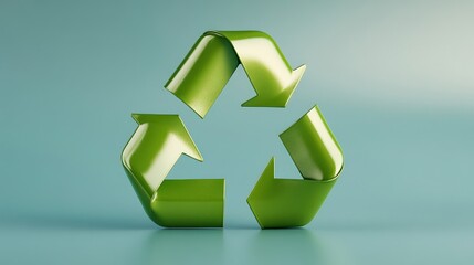 Shiny, green recycle symbol floating on light blue background, copy space