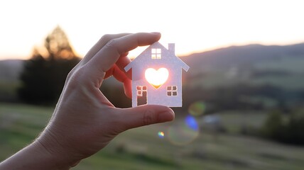 Hand holding paper house with heart shaped window at sunset image