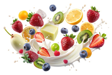 Pieces of fruit and milk flew around isolated on white background PNG. ai