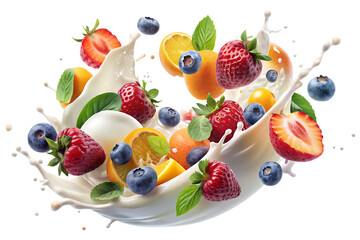 Pieces of fruit and milk flew around isolated on white background PNG. ai