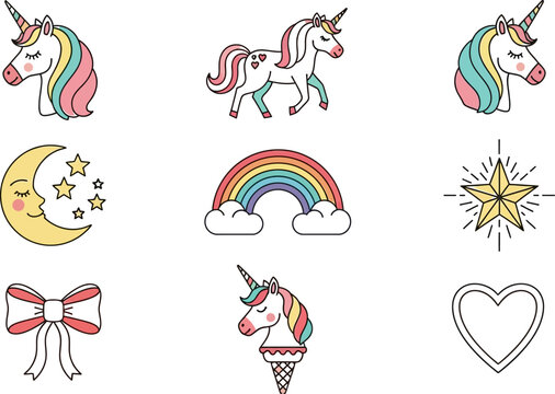 Cute unicorn clipart set with rainbow moon star heart bow vector graphics