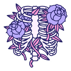 iconic tattoo style image of a rib cage and flowers in bright neon color