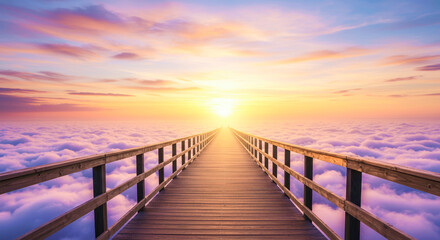 Obraz premium Tranquil wooden pathway leading to the horizon above fluffy clouds 
