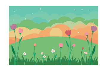 Obraz premium Wildflowers Scattered In A Green Field Lit By A Pink Glow