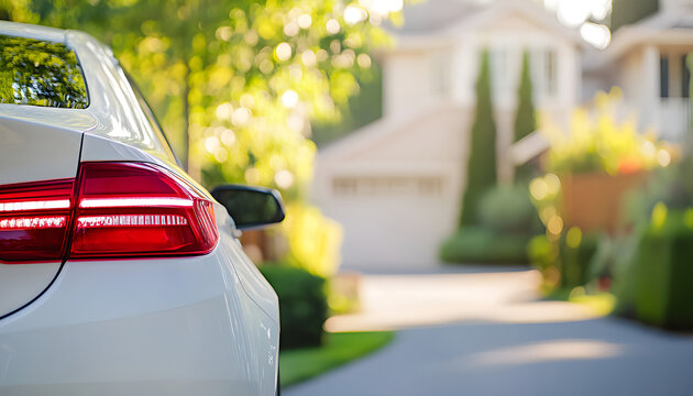 Rear window of a white car parked on the street in residential area. Mockup for the car decals