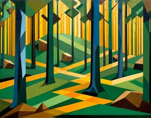 Abstract Geometric Forest Art with Sunlit Pathways