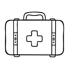 Obraz premium First aid kit with medical cross symbol line art illustration. Vector hand-drawn doodle illustration